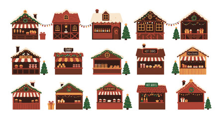 Christmas market stalls, festive wooden booths, winter fair.
