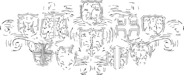 Elegant vintage heraldic crest design with ornate shields and scrolls, perfect for luxury branding and historical projects