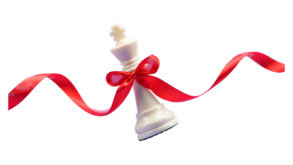 White King chess piece tied with a red ribbon, symbolizing strategy, victory, or a special gift, isolated on transparent background