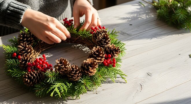 Person crafting a festive Christmas wreath adorned with pinecones and berries on a rustic wooden table, perfect for holiday decor.
