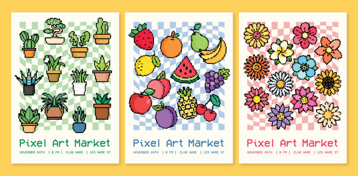 Pixel art poster set plants fruits flowers