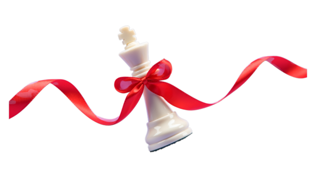 White King chess piece tied with a red ribbon, symbolizing strategy, victory, or a special gift, isolated on transparent background - Powered by Adobe