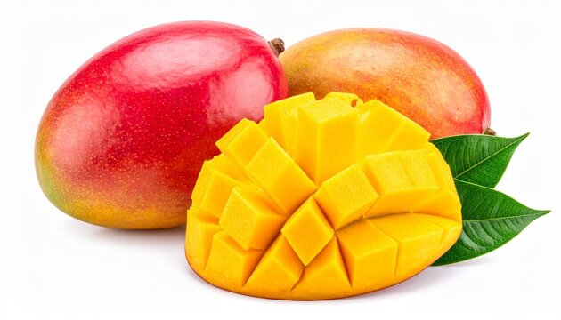 Whole and sliced mangoes with reddish-yellow skin and vibrant golden cubes arranged on white background for editorial food photography tropical fruit styling and poetic freshness-themed visuals