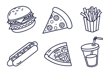 A vector illustration set of fast food icons including burgers, pizzas, and sandwiches, perfect for a restaurant menu