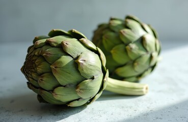 Fototapeta premium Two fresh artichokes on a light gray table, close-up. Raw vegetables with copy space. Healthy eating ingredients, dieting, vegetarian meal. Green color, natural organic food from local market.