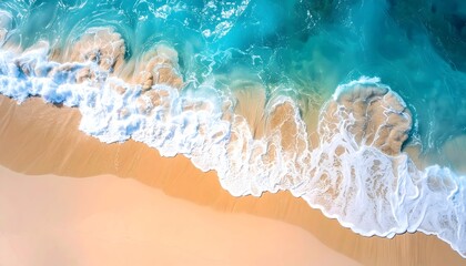 High-angle view of a beach, turquoise water, and foamy waves