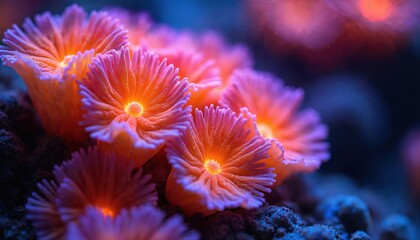 Fototapeta premium Vibrant coral blooms underwater. Nature beauty revealed in close-up. Glowing orange, purple flowers in ocean depths create vivid scene. Captivating marine life, aquatic ecosystem. Ideal for