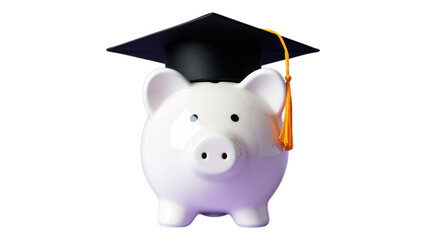 White Glossy Piggy Bank with Graduation Cap on Transparent Background, 3D Realism Graphic for Education Theme