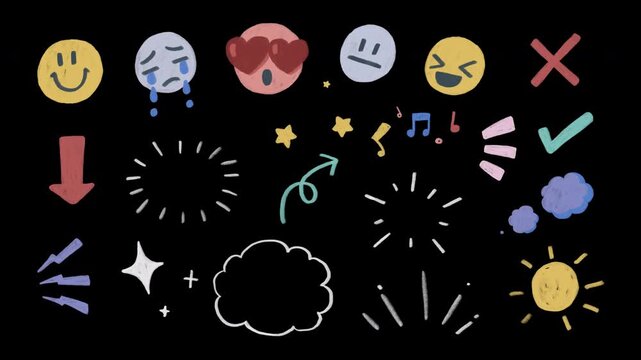 Colorful, Cute doodle icons, wiggle animation stickers: Aura, stars, sparkles, sunray, music notes, emoticon happy face, smile, sad, meh, cloud, frame, rough pencil crayon on a transparent background	
