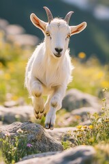Obraz premium Goat is running through a field of flowers. The goat is white and has brown horns. The flowers are yellow and scattered throughout the field