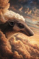 A captivating creature emerges from a vibrant cloudscape, displaying intricate details and an ethereal quality, creating a serene and dreamlike atmosphere.