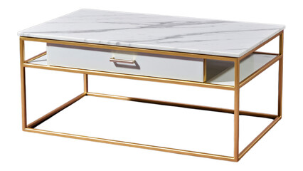 White Marble Coffee Table with Gold Frame, Transparent Background, Modern Minimalist Asset