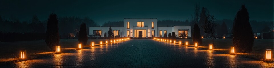 A breathtaking luxury villa at night with a grand driveway illuminated by warm LED ground lights, creating a welcoming and elegant ambiance for arrival.