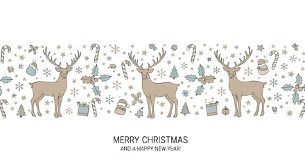 Delightful Christmas and New Year banner featuring charming reindeer, snowflakes, holly, and festive gifts on a clean white backdrop