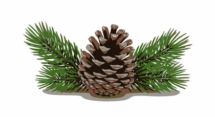 Fototapeta premium A pinecone stands upright, flanked by two evergreen branches, casting a soft shadow on a white background.