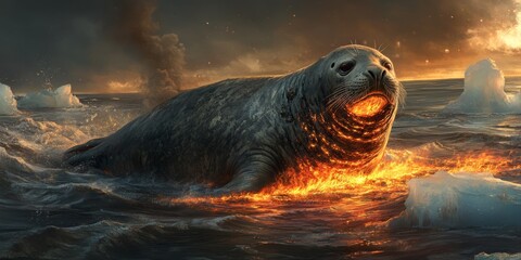 A stunning scene of a seal amidst flames in the Arctic Ocean. This surreal image captures the beauty and power of wildlife in a dramatic atmosphere, blending fire and water.