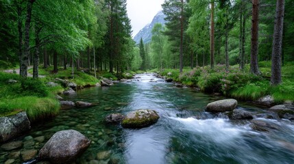 Obraz premium Scenic Waterfall Stream Flowing Through Lush Green Forest with Moss Covered Rocks and Tall Trees in Mountainous Landscape