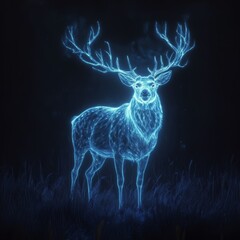 A glowing and ethereal deer with magnificent antlers stands majestically against a dark background, creating a mystical and serene atmosphere for creative projects.