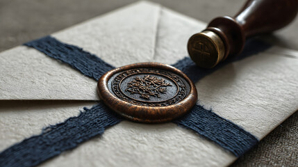 White Envelope with Navy Blue Ribbon and Copper Wax Seal
