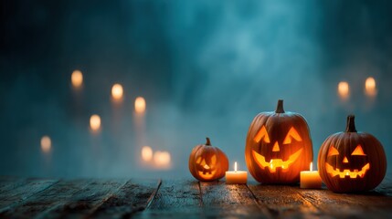 Halloween pumpkins and candles on wooden table with carved jack-o-lanterns in misty blue background creative abstract holiday concept for seasonal decoration and festive design elements.