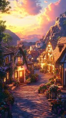 Discover a picturesque village at sunset, showcasing charming houses adorned with flowers and a quaint cobblestone pathway, inviting peaceful exploration.