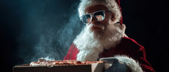 The Santa Claus holding a pizza box wearing sunglasses in moody studio lighting