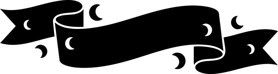 Dynamic black ribbon banner with crescent moon accents for festive design announcements and celebratory graphics
