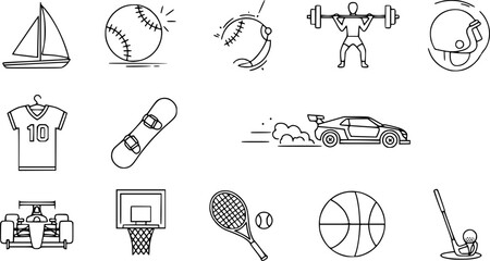 set of 10 outline web sport icons such as sailboat sport, kickball, powerlifting, football jersey, snowboard, rallycross, formula racing
