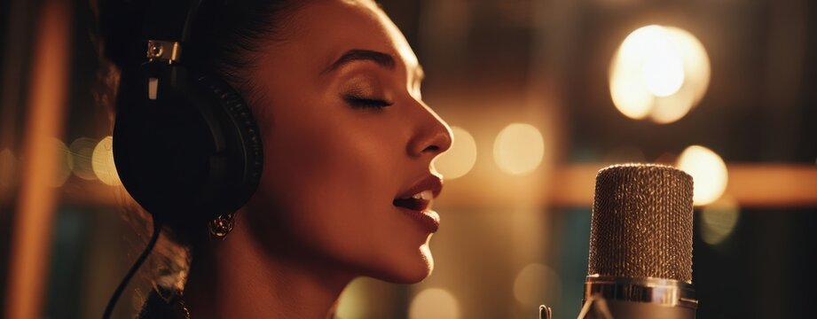 The singer in a warm studio setting recording a passionate vocal performance into microphone