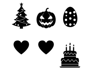 Versatile collection of black silhouette vector icons representing diverse holidays and festive celebrations, essential graphic elements