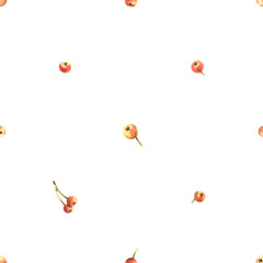 Minimal seamless pattern with tiny rose hips in soft autumn tones, created as a hand-painted watercolor illustration for elegant seasonal wrapping, textiles, wallpapers, and decorative design.
