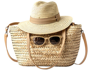 Straw beach bag with a straw hat and sunglasses resting on top.  The bag has leather handles