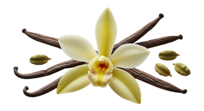 Vanilla flower, vanilla bean and cardamom isolated on transparent background, aromatic spice and flavoring ingredient