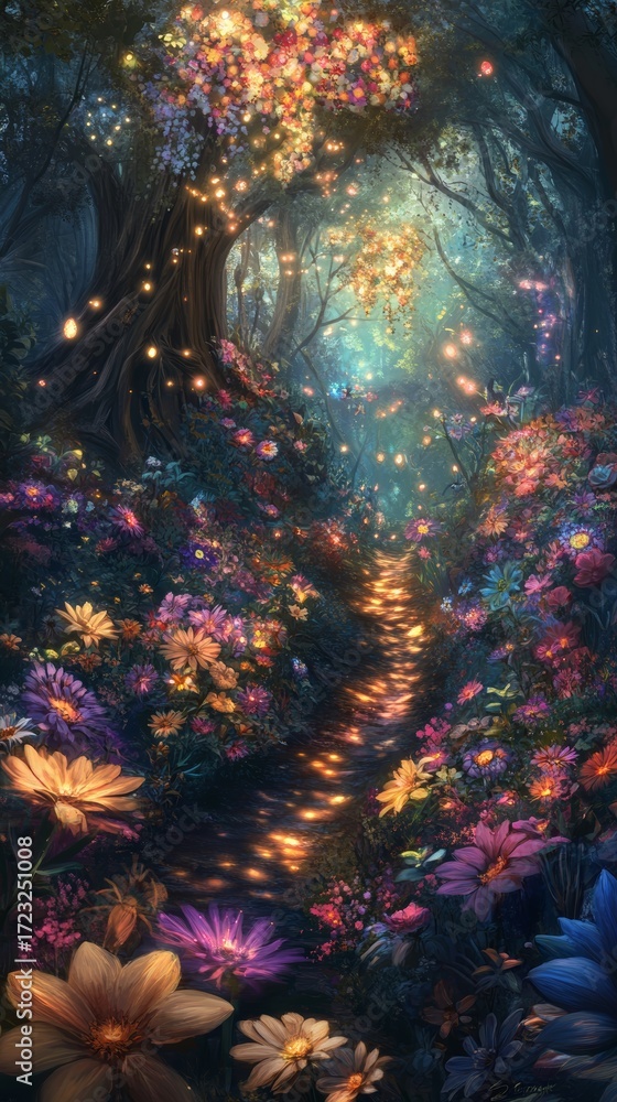 Poster An enchanting forest pathway lined with vibrant flowers and illuminated by soft light creates a magical atmosphere, inviting exploration and wonder.