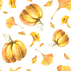 Seamless autumn harvest pattern with pumpkins and leaves in warm golden tones, hand-painted watercolor illustration ideal for packaging, textiles, wallpapers, and holiday decorative surfaces.
