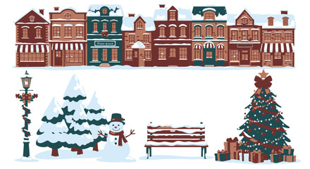 A winter scene depicts a row of shops covered in snow, with a Christmas tree, snowman, park bench, and street lamp.