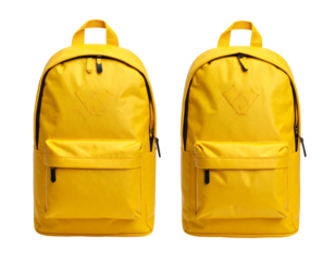 Two identical vibrant yellow backpacks with subtle embossed logos, zipper closures, and small front pockets, displayed side-by-side against a black background