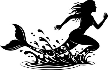 Dynamic mermaid silhouette running through splashing water, symbolizing freedom, adventure, and powerful aquatic movement