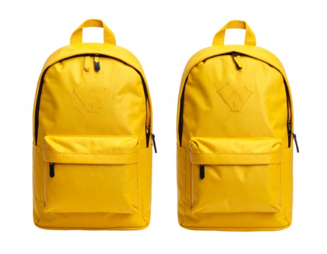 Two identical vibrant yellow backpacks with subtle embossed logos, zipper closures, and small front pockets, displayed side-by-side against a black background