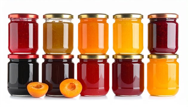 Collection of twenty glass jars filled with multicolored fruit preserves arranged in rows on white background for editorial food photography packaging design and culinary diversity-themed visuals