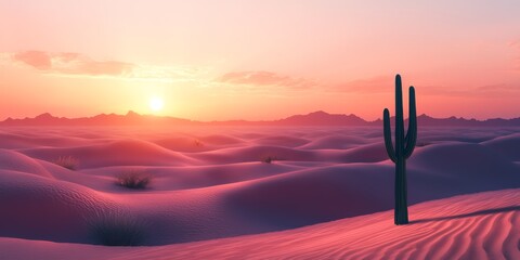 A captivating desert landscape at sunrise showcasing a lone cactus amidst soft sand dunes. The scene radiates tranquility and natural beauty with warm pink and orange hues.