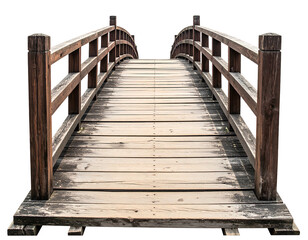 Weathered wooden arched footbridge, planks, railings, perspective