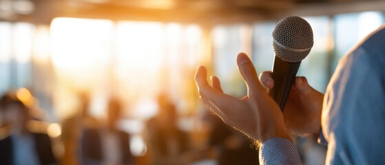 The Microphone in Hands of Public Speaker at Conference with Warm Backlight