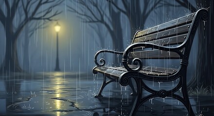 Rainy Night Park Bench Scene with Streetlight.
