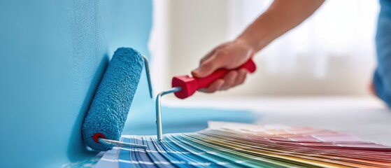 The paint roller painting a bright turquoise wall beside a fan of paint swatches