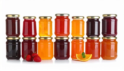 Collection of twenty glass jars filled with multicolored fruit preserves arranged in rows on white background for editorial food photography packaging design and culinary diversity-themed visuals