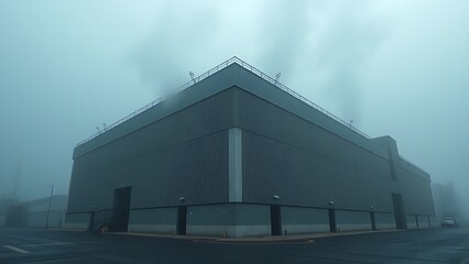 Fototapeta premium An industrial building with geometric design, enveloped in morning fog for a cool atmosphere.
