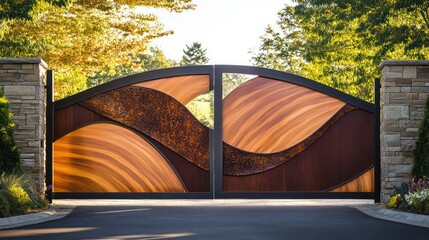 Unique customized gate featuring personalized engravings, bold designs, and mixed materials