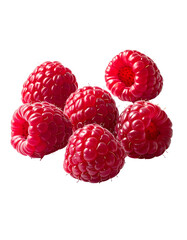 Six ripe, red raspberries, plump and glossy, clustered together on a black background