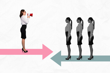 Fototapeta premium 3D collage design composite trend artwork sketch of boss lady stand talk megaphone candidate choice goal development leadership motivation